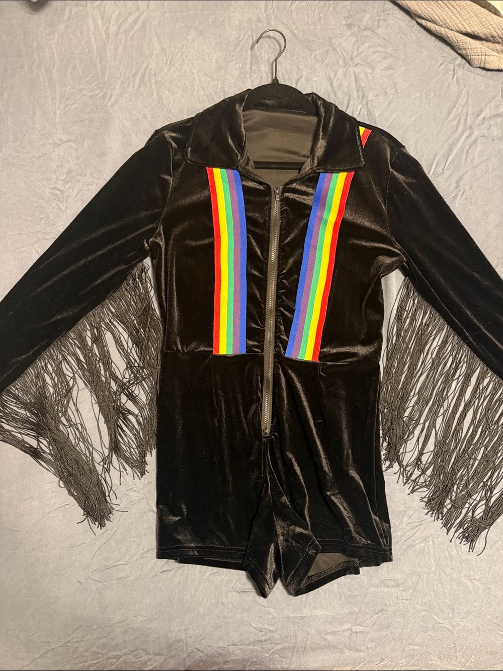 Women’s Black Velvet Romper with Rainbow Stripes and Fringe
